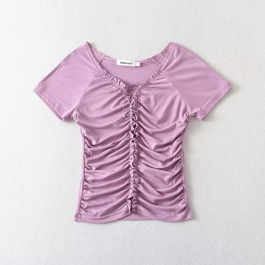 Asiris - Crop top met korte mouwen, V-hals, effen, geplooide rand en vetersluiting, slim fit