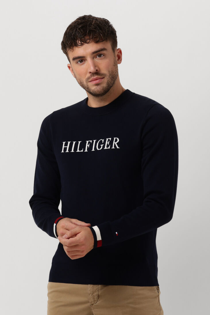 TOMMY HILFIGER donkerblauwe tommy hilfiger trui hilfiger flag cuff crew neck
