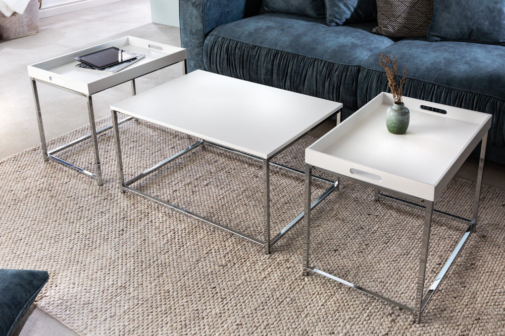 Modernes Couchtisch 3er Set ELEMENTS 75cm weiß Chrom abnehmbares Tablett
