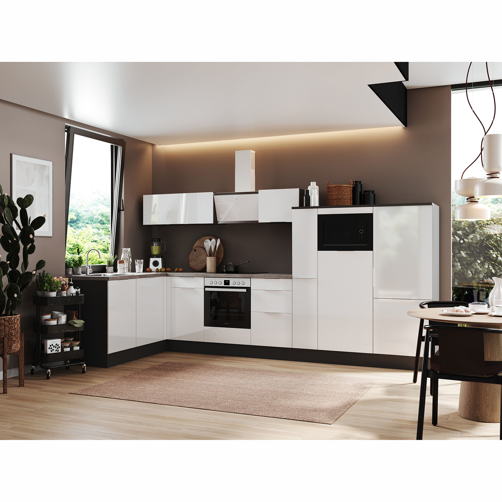 RESPEKTA Winkelküche - weiß Hochglanz - grau matt - mit E-Geräten - 370x175 cm
