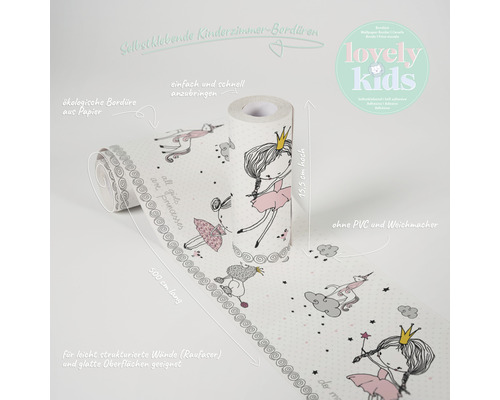 Zelfklevende rand 40375-5 Only Border Princess Unicorn roze grijs 5 m x 15 cm