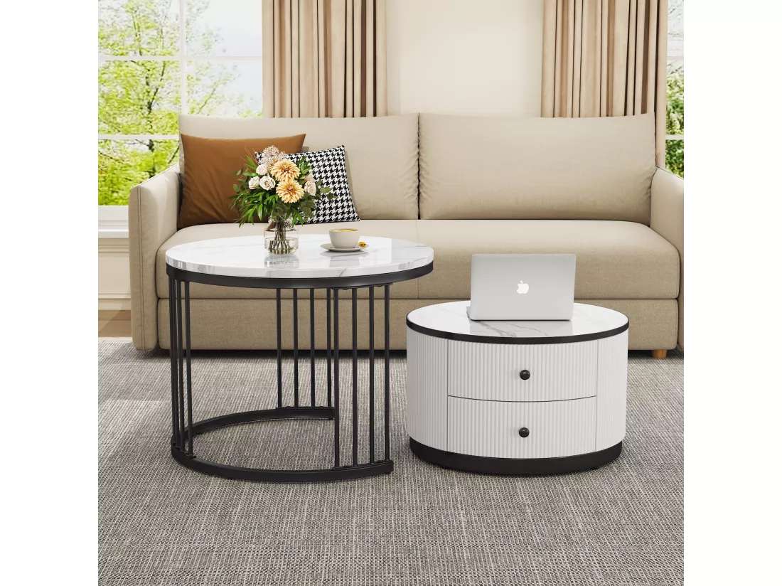 Lot de 2 tables basses gigognes avec 2 tiroirs - 60 x 60 x 45.5 cm + 50 x 50 x 32 cm - Aspect marbre brillant - MDF - Noir et blanc