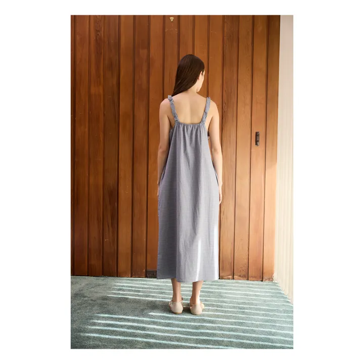 Deiji Studios Robe Ruched Tie Carreaux Popeline de Coton Bio | Bleu