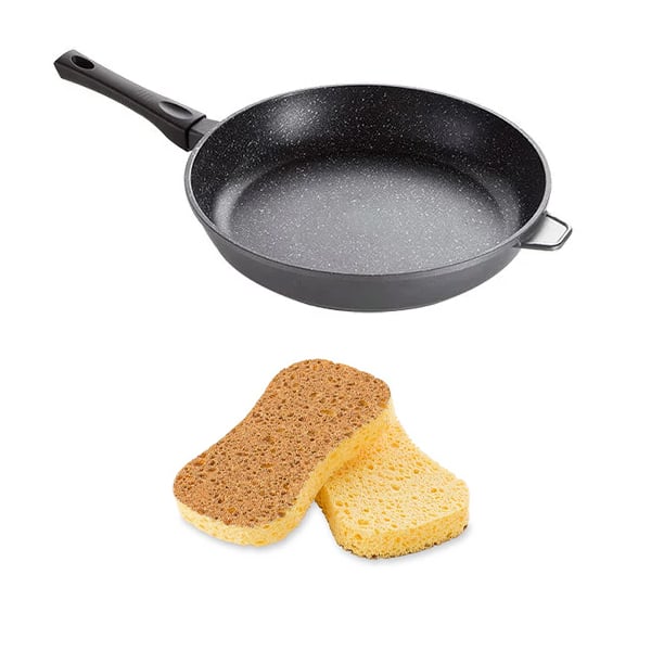 Set poêle anti-adhérente Dur comme la pierre 32 cm et 2 éponges végéta
