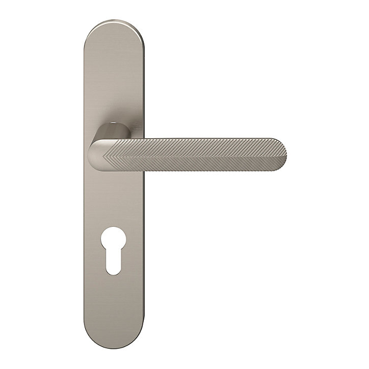 Ensemble poignée sur plaque rondcylindre GoodHome Garlan effet nickel satin gris L.125mm x l.42mm entraxe 165-195mm