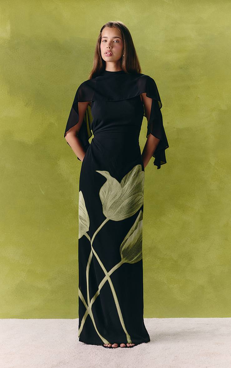Noir Robe Longue À Superposition Cape En Mousseline À Imprimé Floral