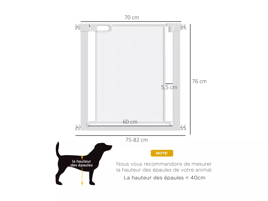 Barrière de sécurité animaux - longueur réglable dim. 75-82 cm - porte double verrouillage, ouverture double sens -sans perçage - acier ABS blanc