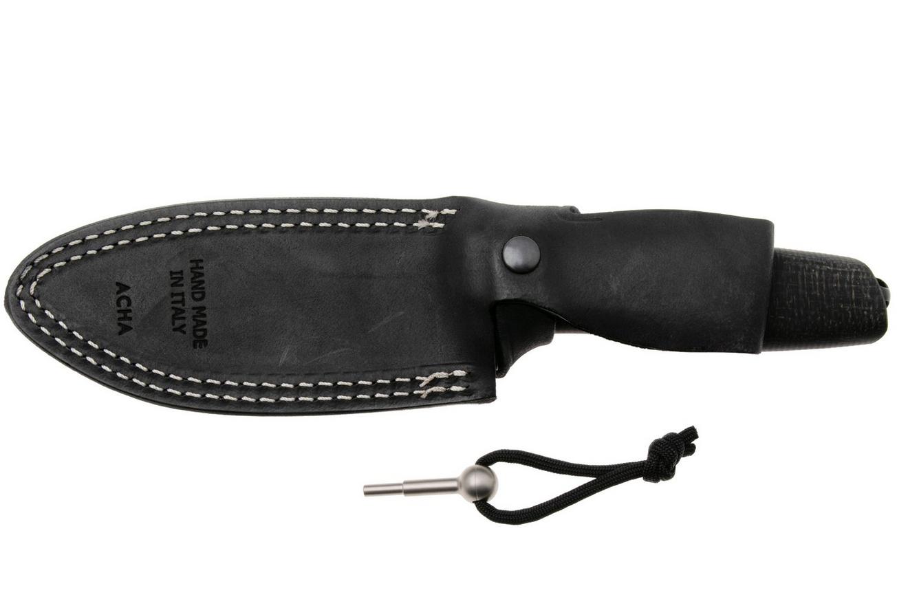 LionSteel Acha AH B BLB Blackwashed M390, Black Burlap Micarta, Black Titanium Guard, vaststaand mes
