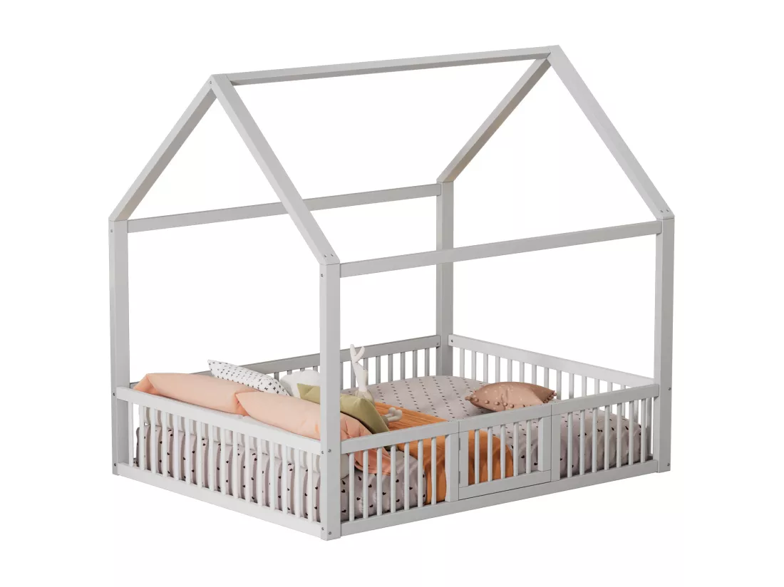 Lit cabane pour enfant ou bébé - 140 x 200 cm - barrières et porte - sommier à lattes inclus - bois blanc