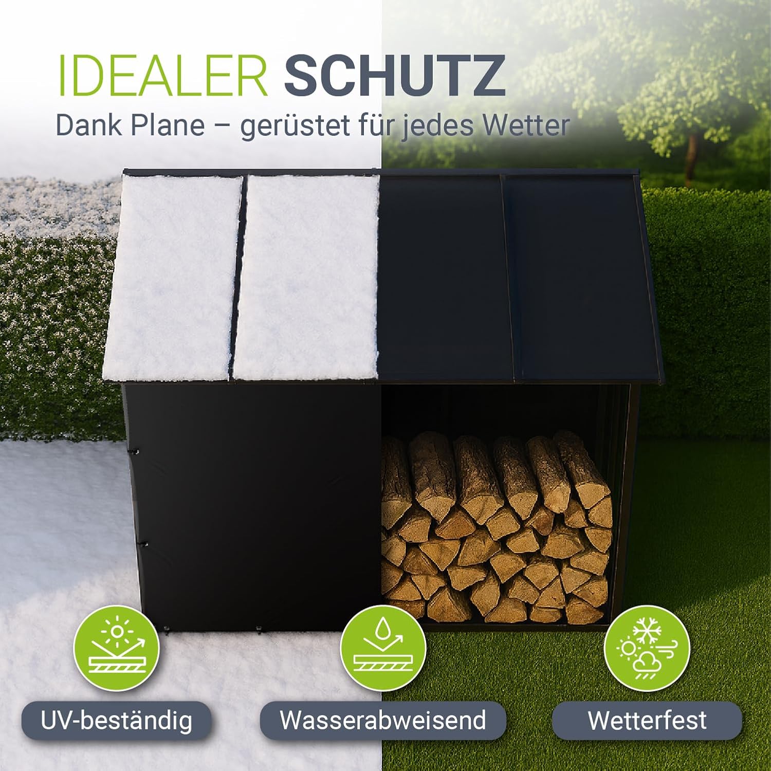 Juskys Kaminholzregal mit Dach – wetterfest, mit UV-beständiger Plane, erhöhter Boden & einfacher Montage, ideal für Outdoor-Lagerung