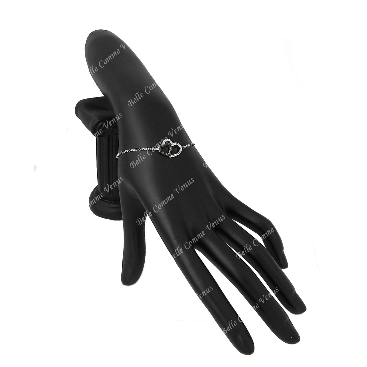 Bracelet 2 coeurs sertis d'oxyde de zirconium blancs et noirs Argent 925 Rhodié