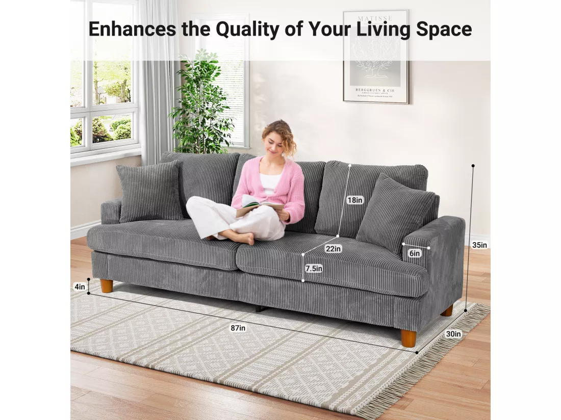 Canapé en Velours Côtelé 3 Places,Grand Canapé Droit Rembourré Moderne avec Sièges extra profonds de 53cm - 2 Coussins - 220x76x84cm - Gris