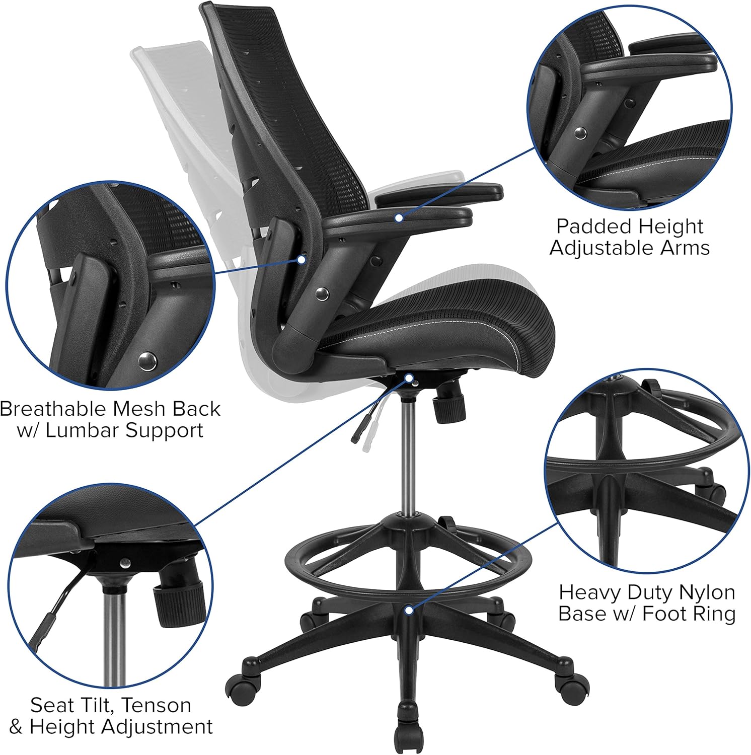 Flash Furniture BL-ZP-809D-BK-GG Stuhl, hohe Rückenlehne, mit verstellbarem Fußring und verstellbaren Klapparmen, Schwarz Modern 28