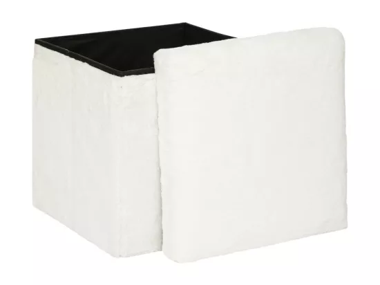 Pouf et Coffre de rangement en bois et Fourrure Blanche 38 x 38 cm