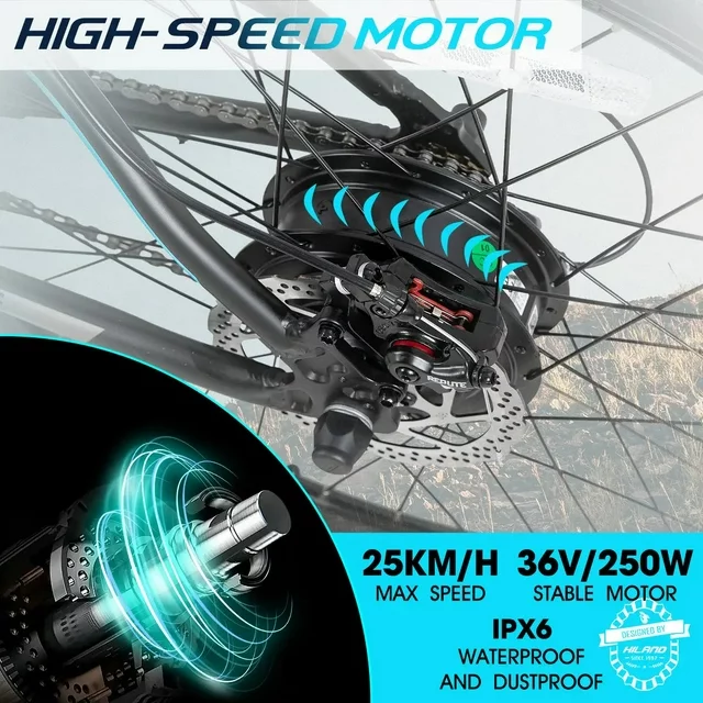Bicicleta elétrica Hiland Rockshark, mountain bike elétrica de alumínio, aro 26/27,5, 350W, velocidade máxima de 32 km/h, para adultos, com câmbio Shimano de 21 velocidades, freio a disco, suspensão dianteira e bateria removível de 36V 10,4Ah.