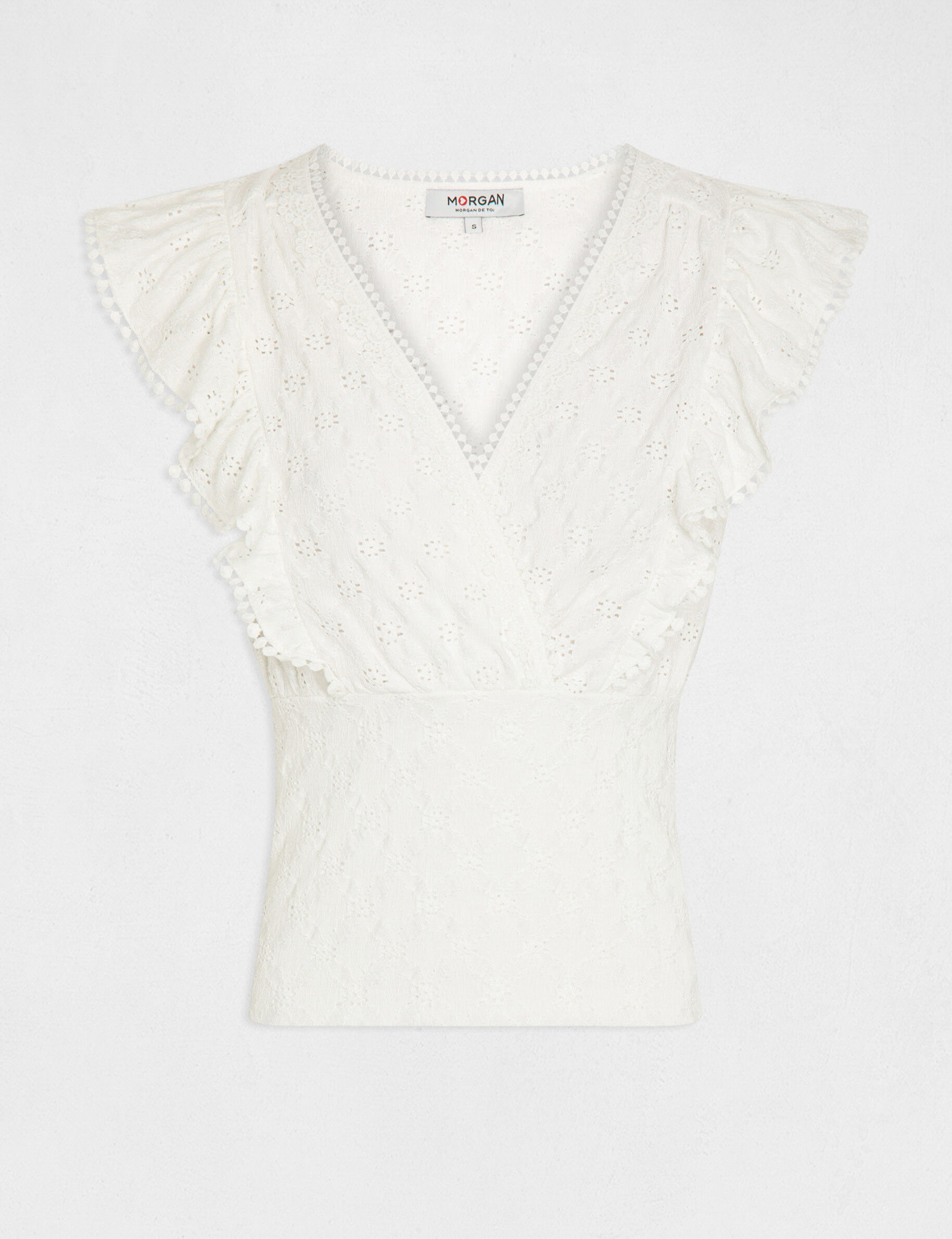 T-shirt volants et broderie anglaise ecru femme - ecru