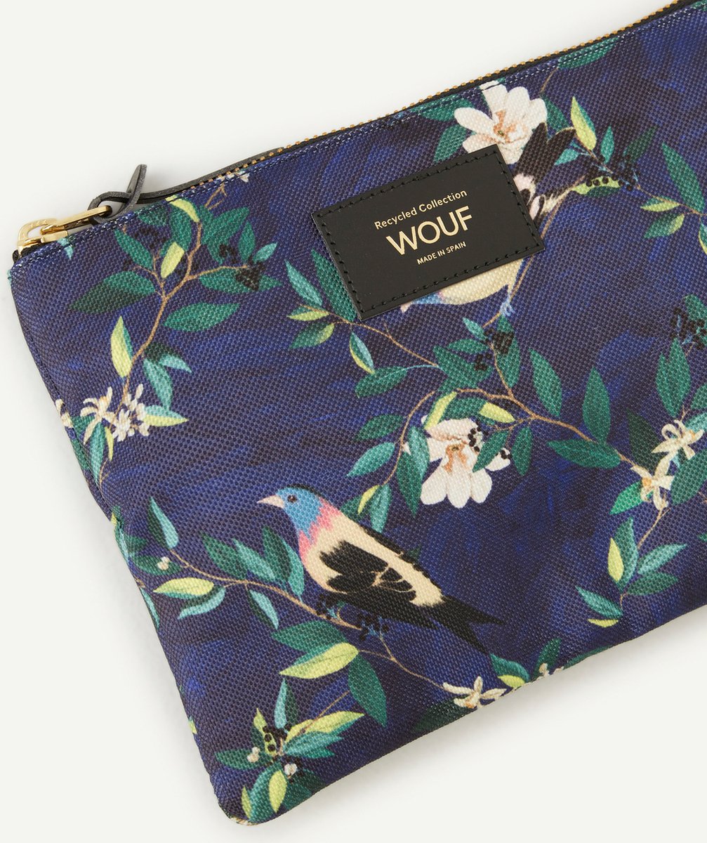 WOUFPETITE POCHETTE EN FIBRES RECYCLÉES BLEUE ET IMPRIMÉE OISEAUX