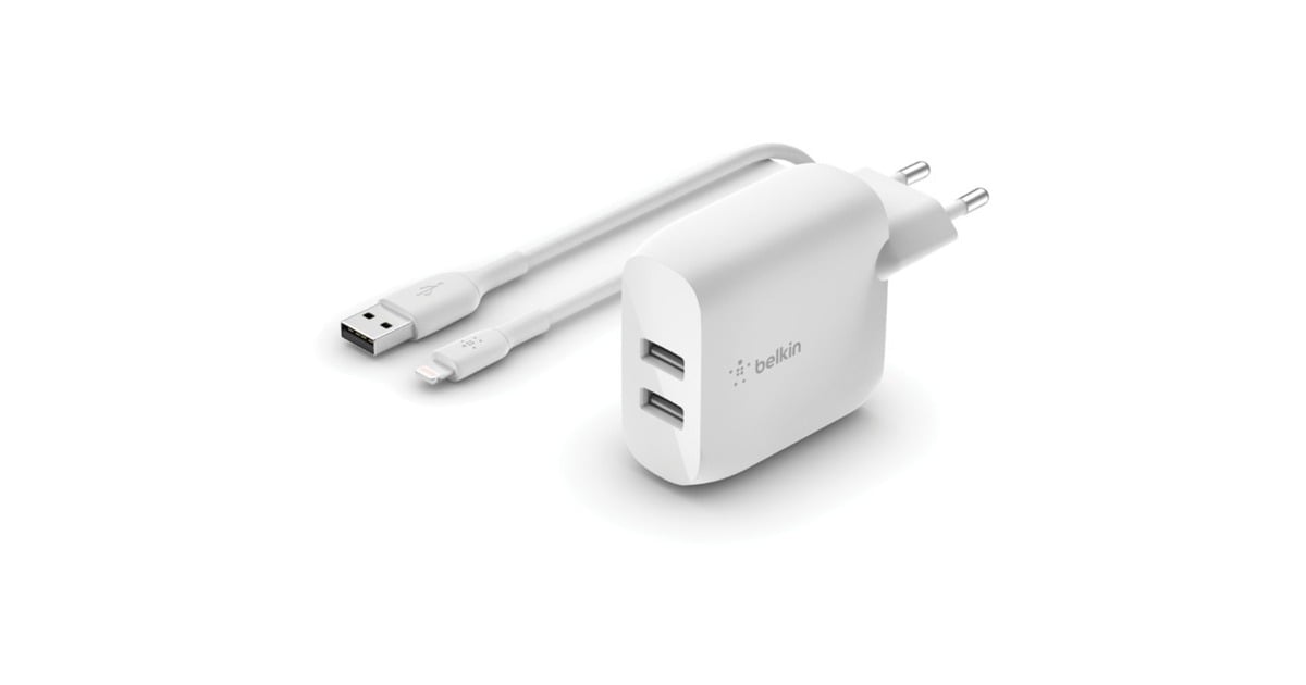 BelkinBOOSTCHARGE 2-poorts USB-A wandlader + Lightning/USB-A kabel  (Wit)