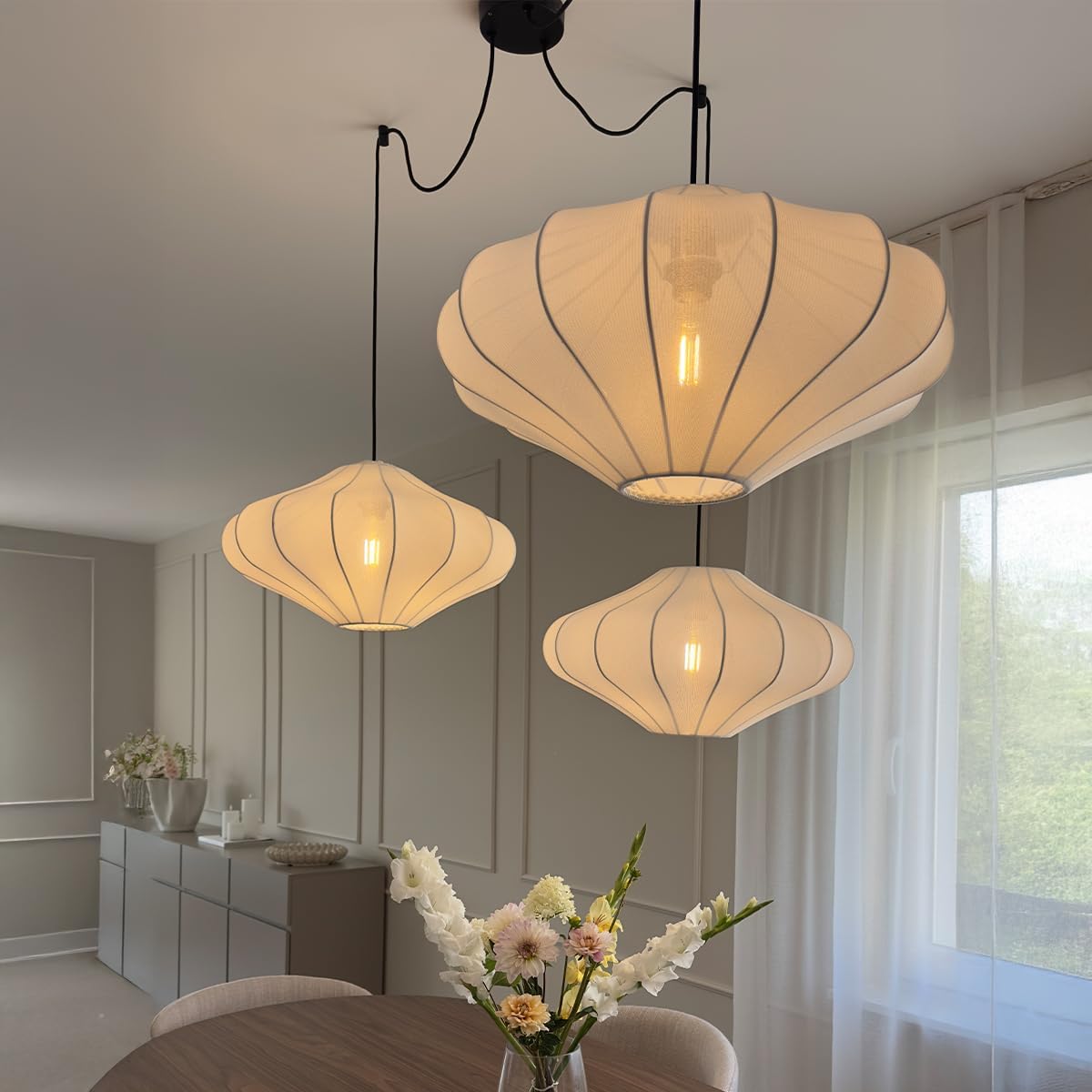 QAZQA - Japandi Japandi-Pendelleuchte I Pendellampe I Hängelampe I Pendellampe I Pendelleuchte I Lampe I Leuchte weiß 50 cm 3-flammig - Plu I Wohnzimmer I Schlafzimmer - Textil Rund - LED geeignet E27