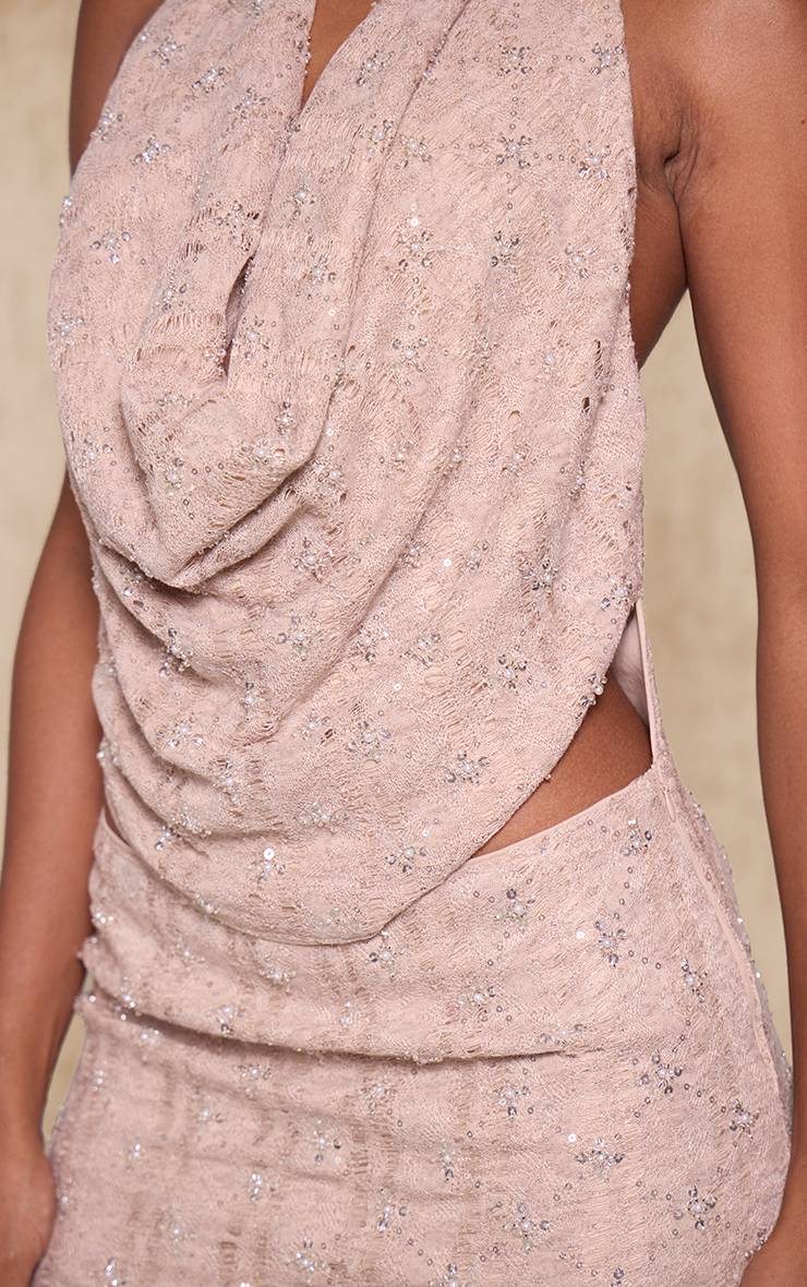 Taupe Robe Mini Drapée À Sequins Avec Nœud Et Col Bénitier
