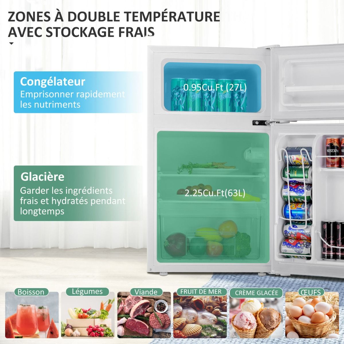 Réfrigérateur Compact Mini-réfrigérateur 90 L Congélateur Séparé avec Design à 2 Portes Lumière LED Grand Angle Blanc - Lidl-Manfred