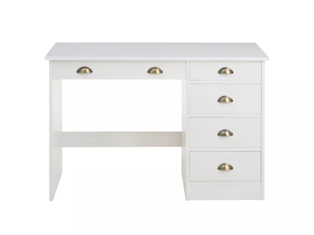 Bureau LANA avec rangement 5 tiroirs et poignées en forme de coquille, en pin massif lasuré blanc