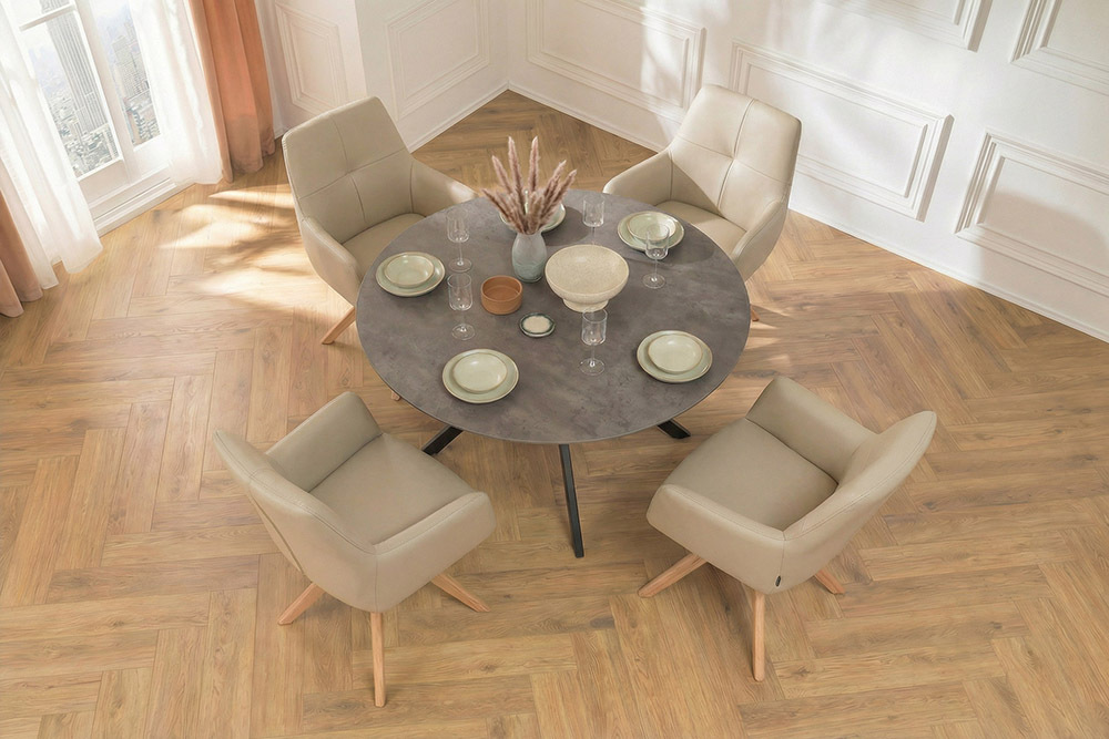 Drehbarer Stuhl ALMARA beige sand Echtleder 360° Taschenfederkern natur Eiche Massivholz