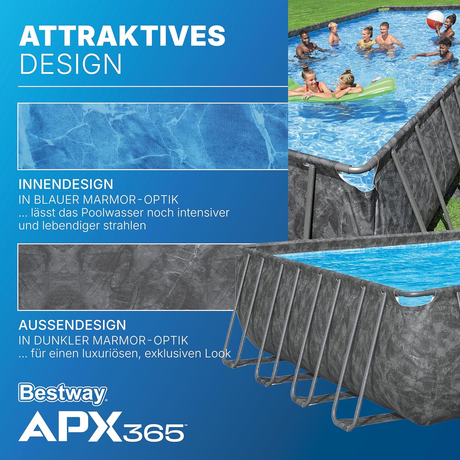 Bestway APX365 Winterfestes Frame Pool Komplett-Set, 956 x 488 x 132 cm, 52.231 L, Sandfilteranlage, Polar-Shield Ganzjahresschutz, ClickConnect System, Marmor-Optik, Sicherheitsleiter, Abdeckplane