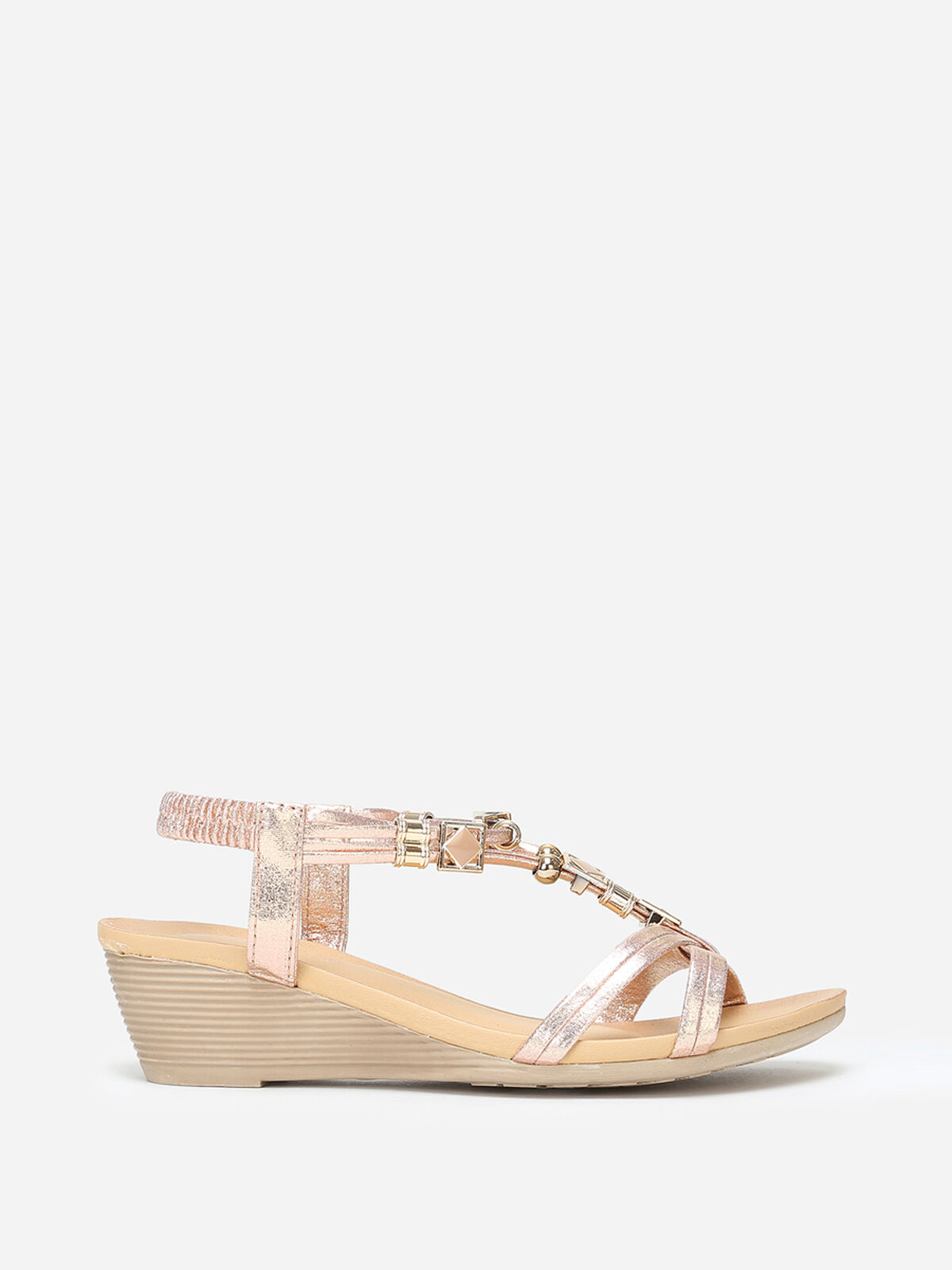Sandales compensées à brides perles et strass- Doré rose