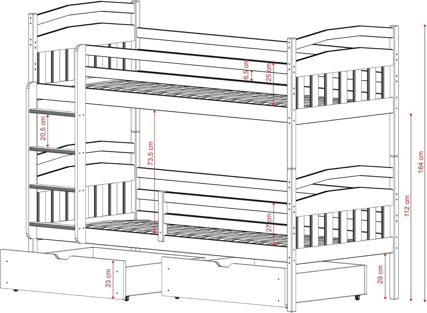Holz-Etagenbett GABI 90x200 Kaschmir mit Universalleiter und Zwei Schubladen