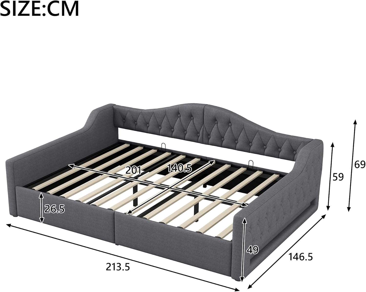 Polsterbett Schlafsofa 140x200 cm, Tagesbett Sofabett mit LED-Gürtel, Stauraumbett mit Hydraulischer Stauraum, Lattenrost aus Holz, MDF+Sperrholz+Leinen, Ohne Matratze, Grau