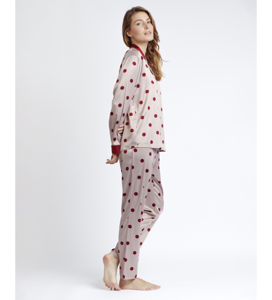 Pijama aberto Admas de manga comprida em cetim com elegantes bolinhas bege e bordô.