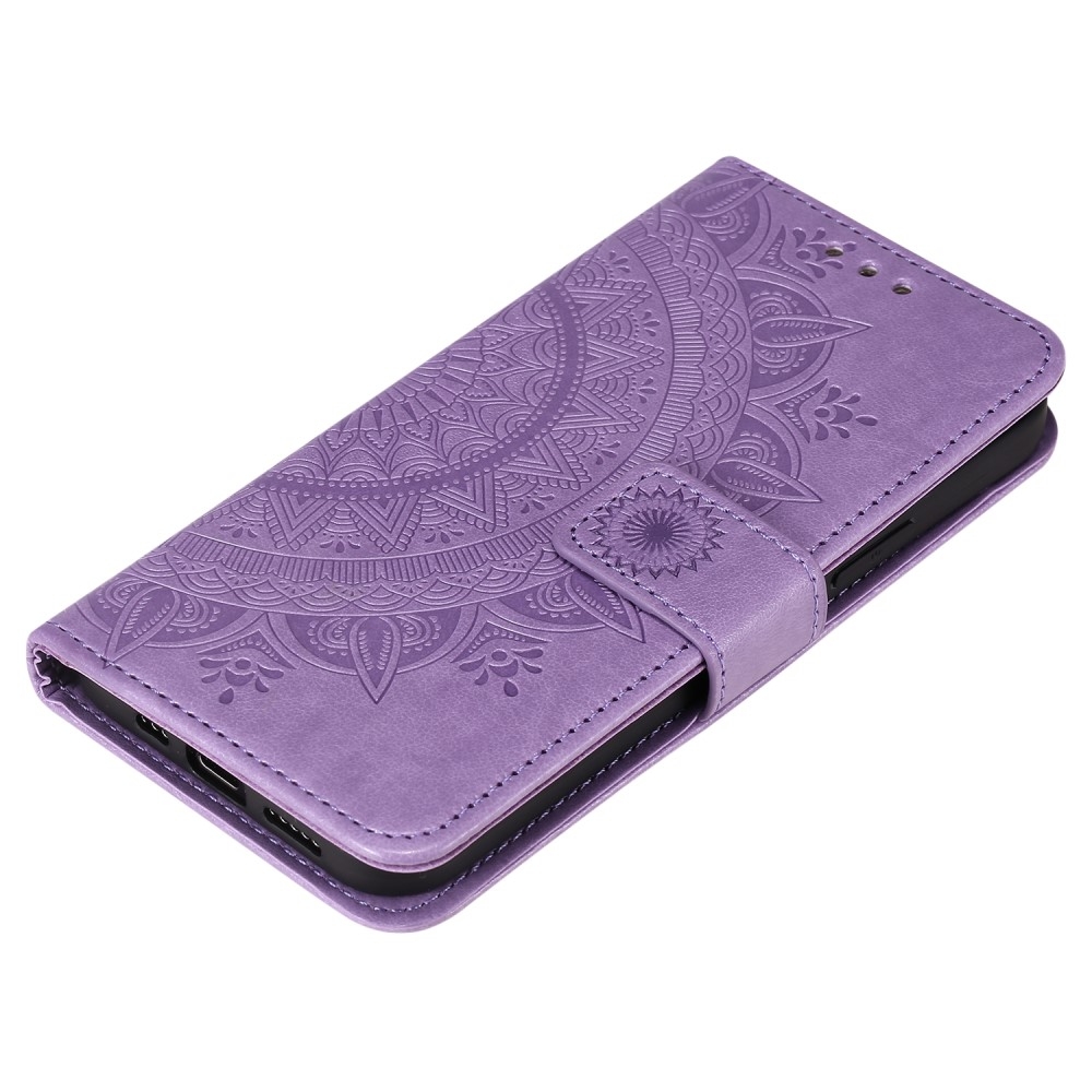 iPhone 12 / iPhone 12 Pro Leder Tasche Wallet - Mandala Flowers Imprint - Lila