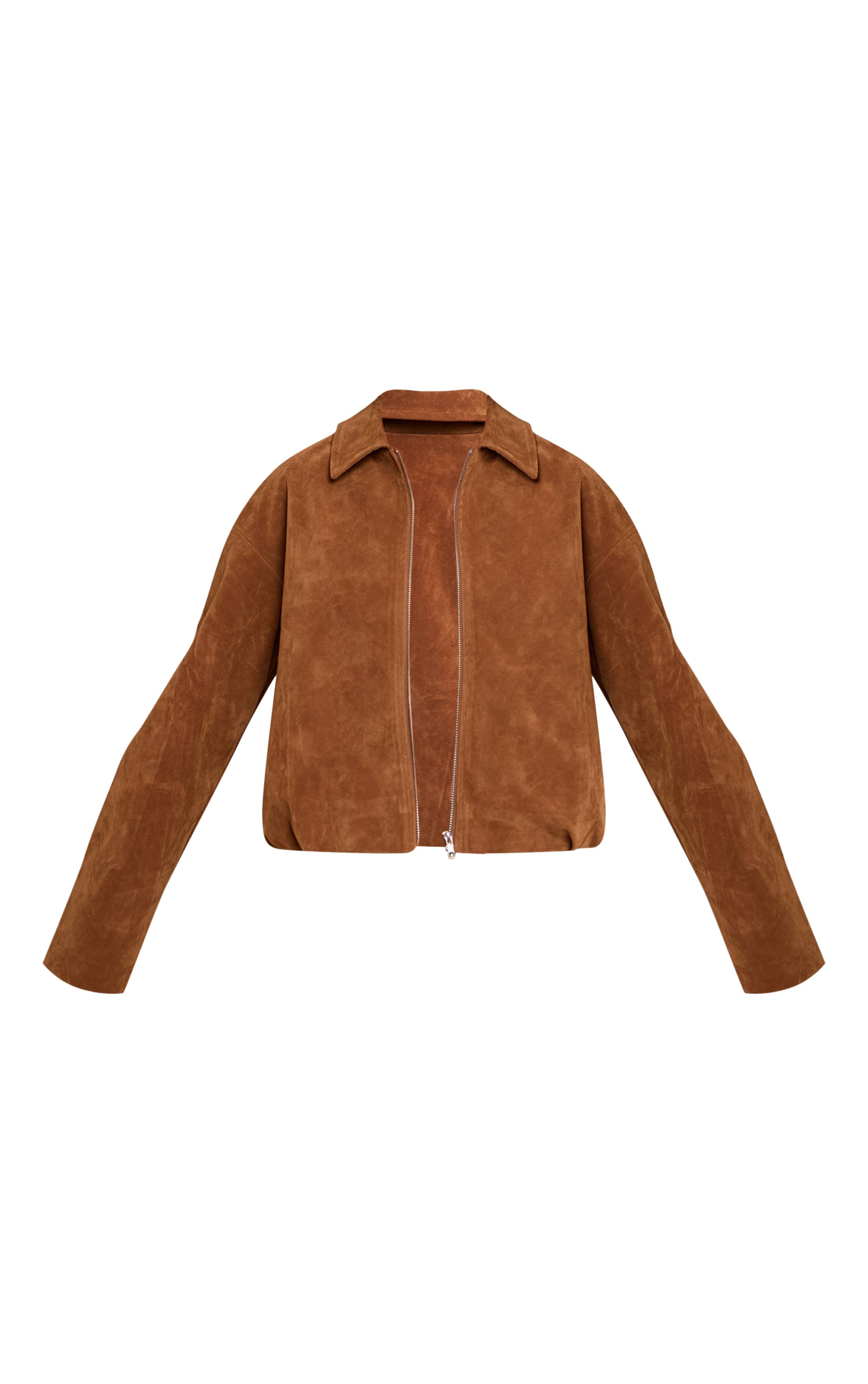 Marron Veste Courte Plissée En Daim Avec Fermeture Éclair