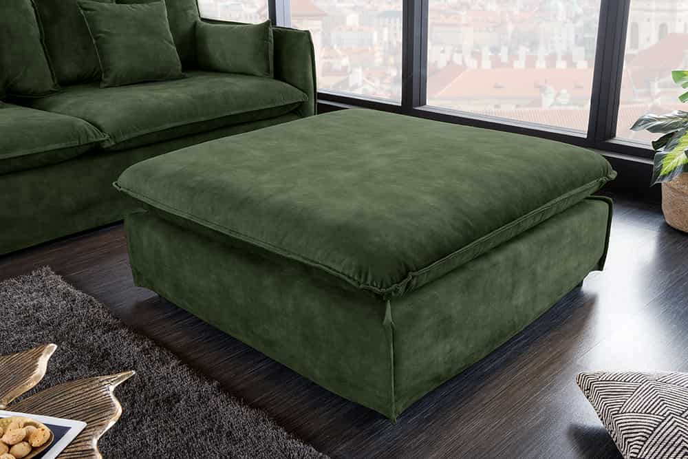 Großer Hussenhocker HEAVEN 100cm dunkelgrün Samt Landhausstil Sofahocker waschbarer Bezug