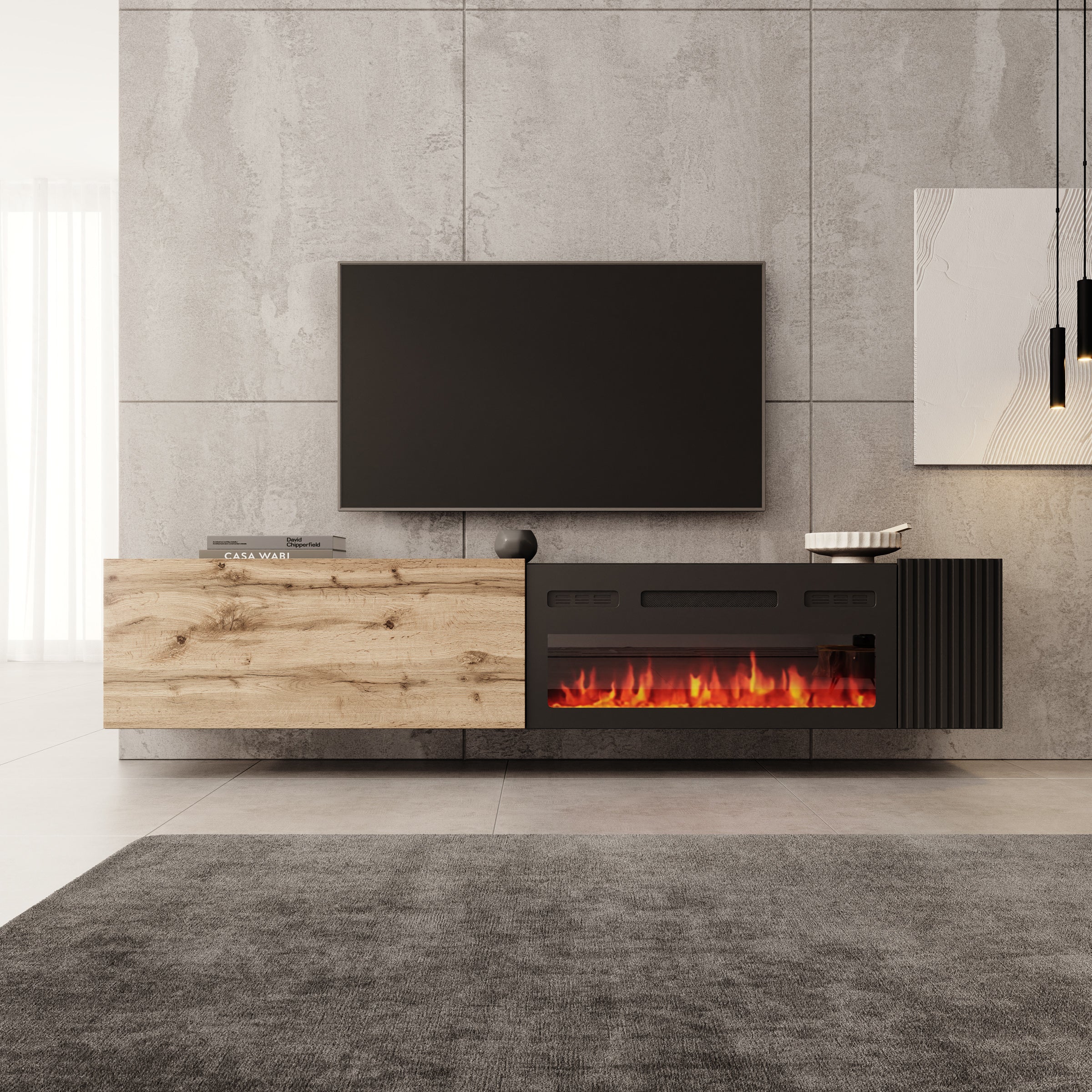 Cruzar - TV-Meubel met sfeerhaard - Zwart/Eikenlook - 200x30x38 cm
