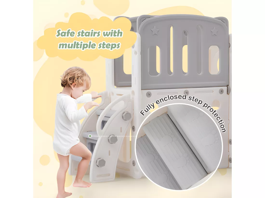Toboggan pour enfants 7 en 1 - composé d'un toboggan, d'une balançoire, d'un panier de basket, d'un escalier, d'un tunnel, d'un passerelle et d'un rangement - Polyéthylène - Gris clair