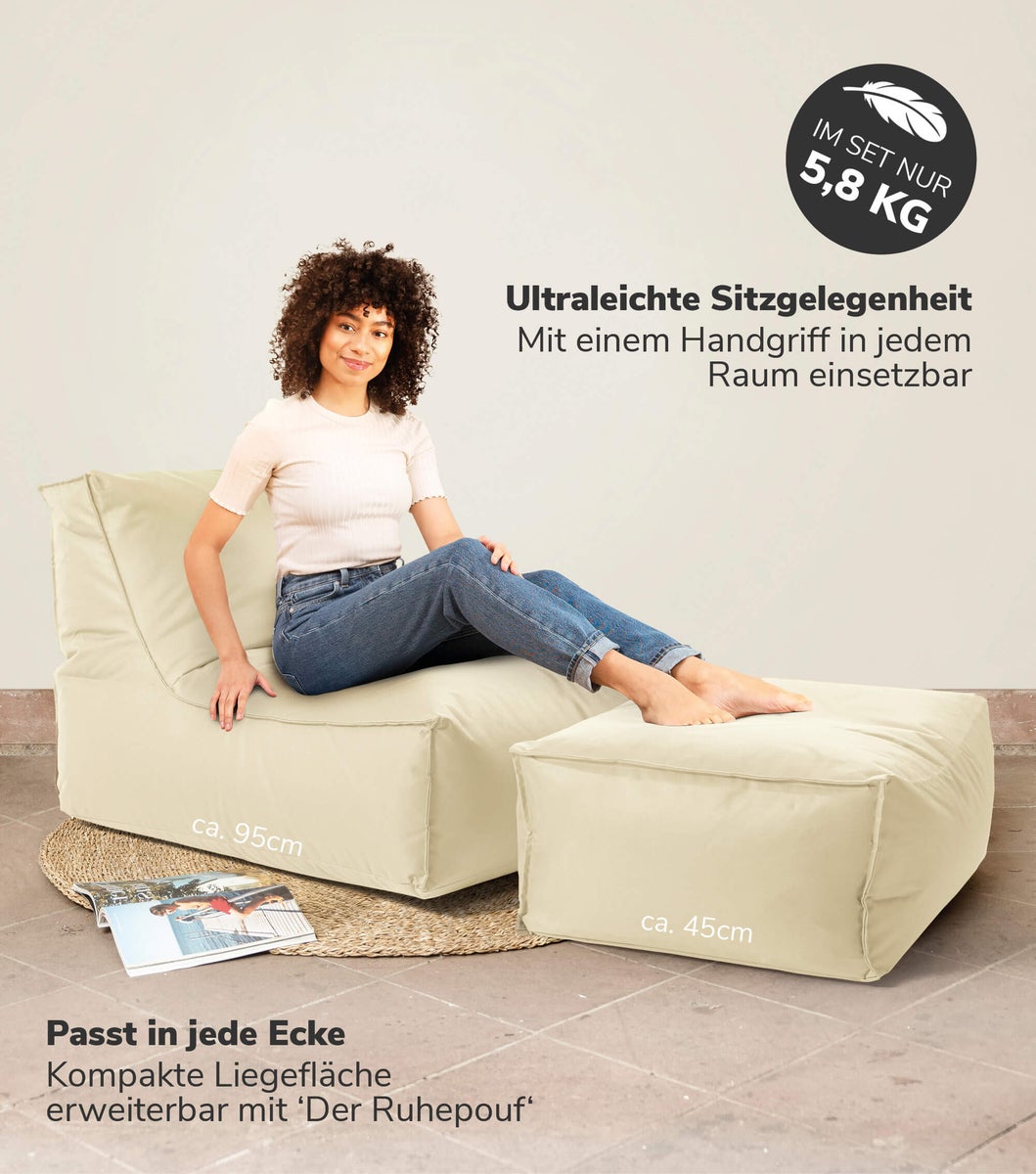 mokebo zitzak voor kinderen en volwassenen 'The Sundowner', zitzak met vulling of ligbed voor binnen & buiten in beige