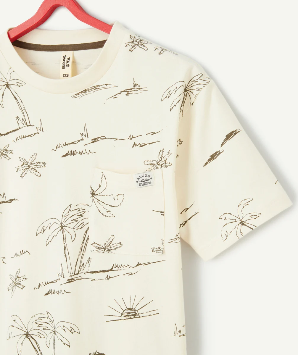t-shirt manches courtes garçon en coton bio écru avec imprimé palmiers