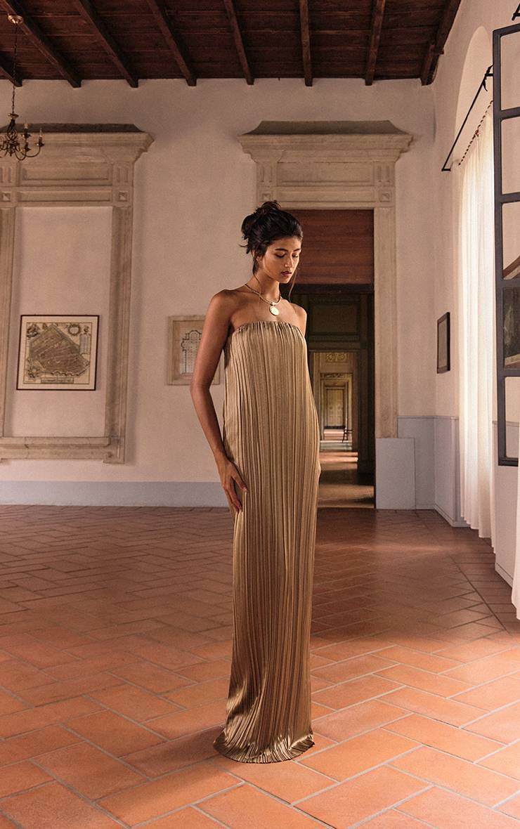 Doré Robe Maxi Colonne Bandeau En Satin Plissé Plt Label