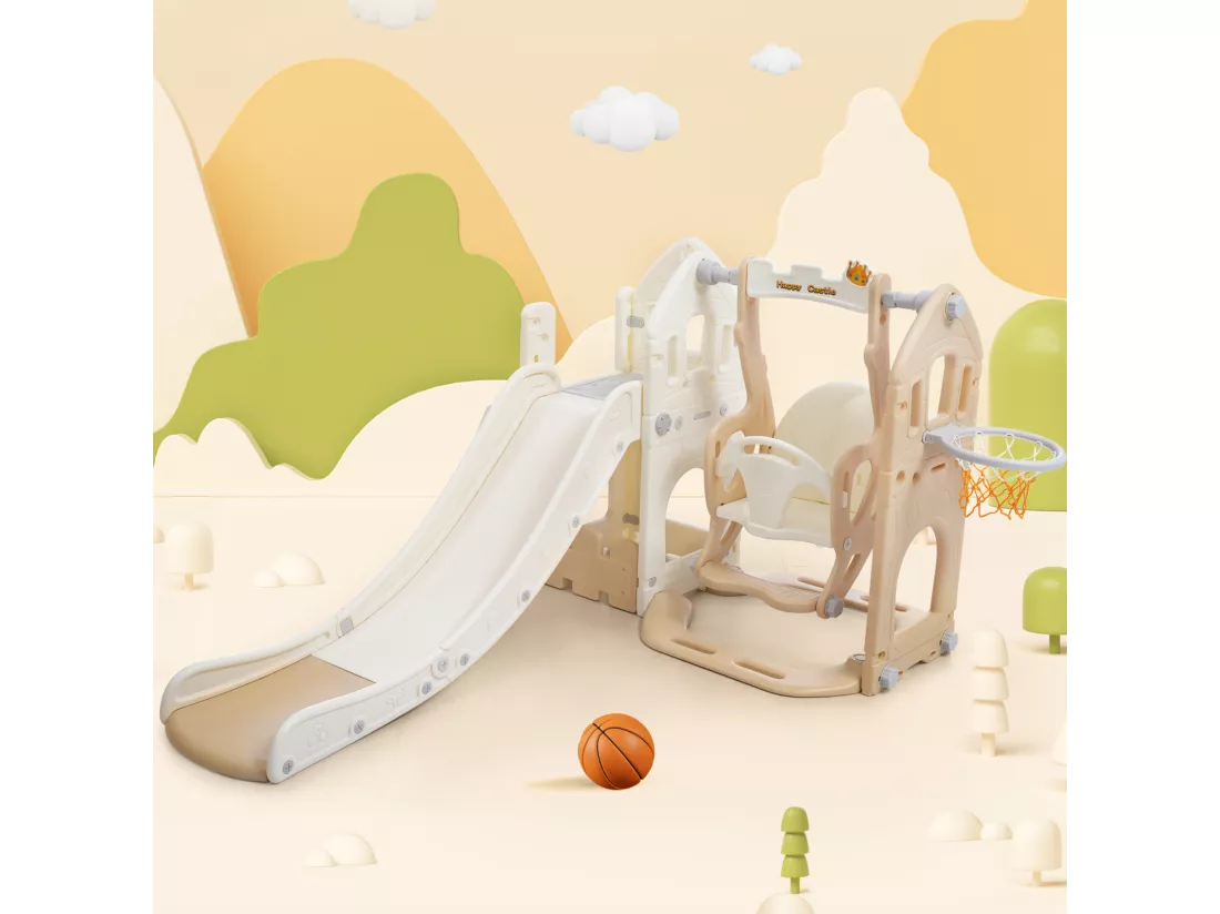 Toboggan en PP 5 en 1 pour enfant 3-8ans, balançoire, toboggan, escalade, espace de rangement, cadre de basket-ball, rose antique