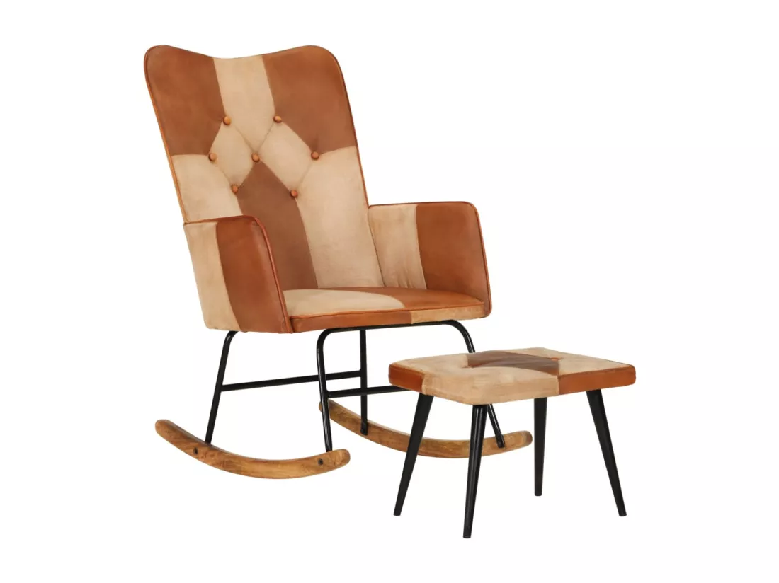 Chaise à bascule et repose-pieds Marron Cuir véritable et toile