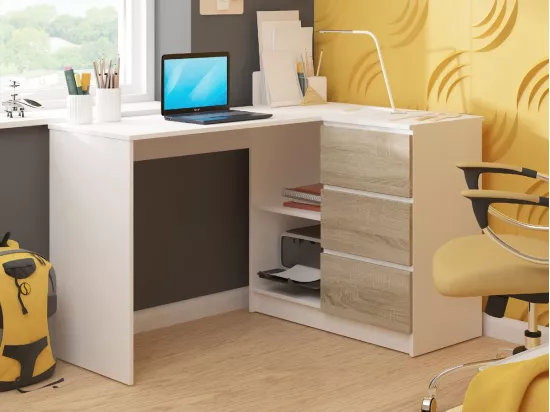 Bureau AKORD d'angle droit B16 Blanc 124 cm 3 tiroirs façade Chêne Sonoma 2 étagères 124x85x77 cm