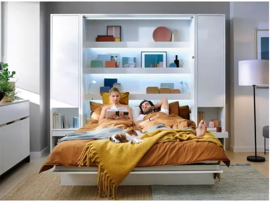 Lit escamotable vertical gris mat avec 2 armoires de rangement Noby-Avec Led-180x200