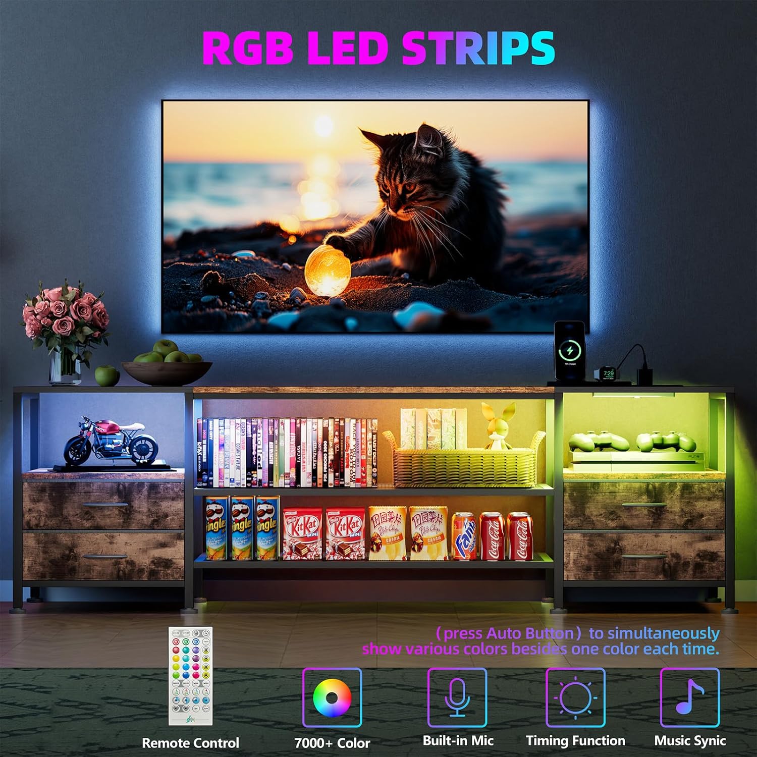 TV-Schrank für 70 Zoll Fernseher Lowboard für TV Fernsehtisch mit 4 Schubladen 4 offenen Fächern,160x40x63 cm TV-Schrank mit LED-Lichtleiste und Steckdosen für Wohnzimmer Schlafzimmer Braun