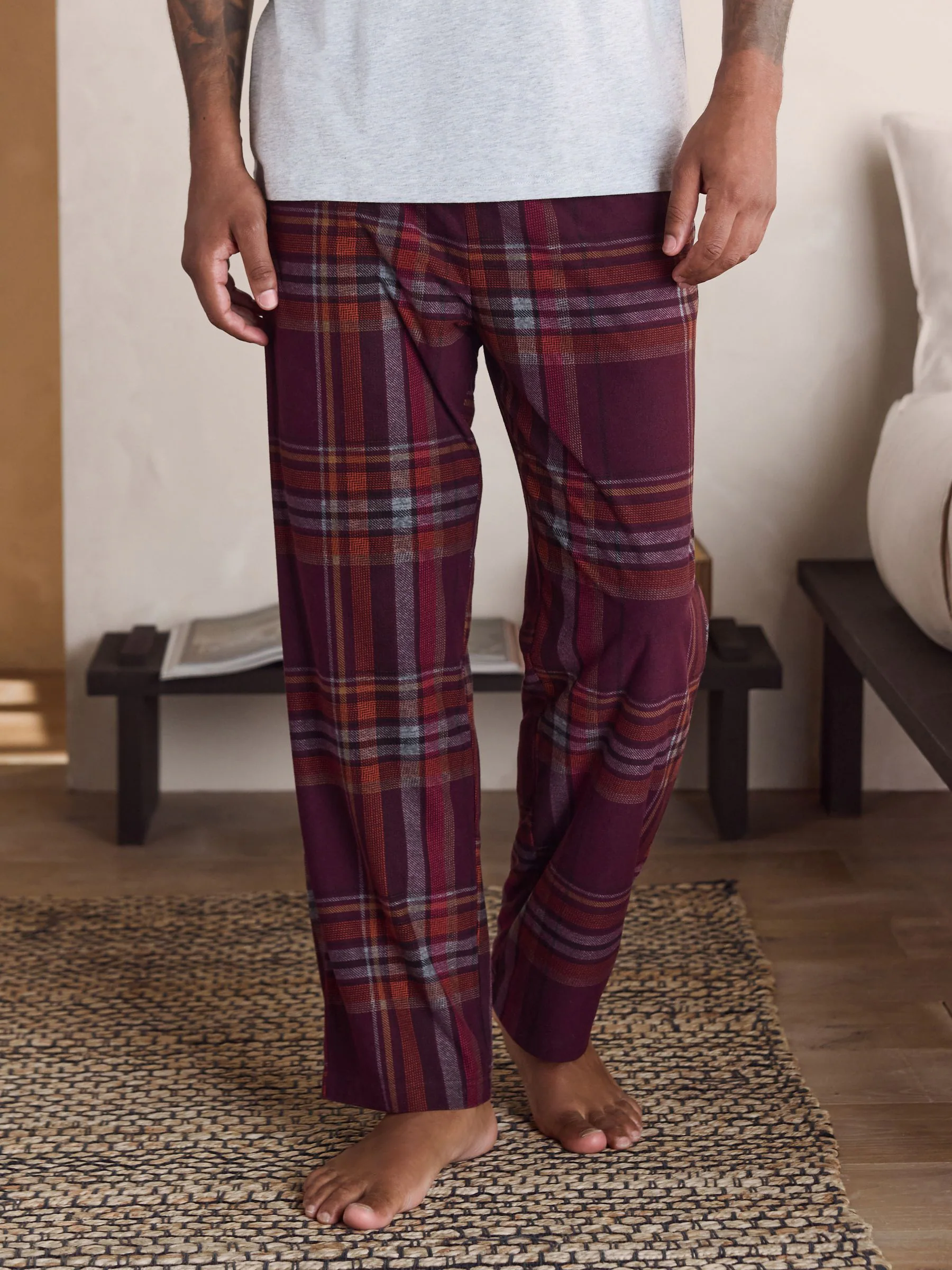 Grijs/bordeauxrood geruit - Motionflex Behaaglijke Pyjama Set met Korte Mouwen