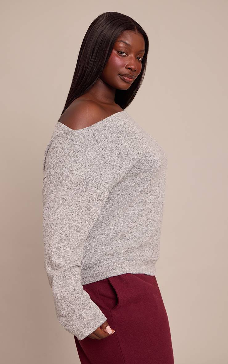 Gris Chiné Haut Grande Taille En Maille Douce Asymétrique Oversize Ample À Manches Longues