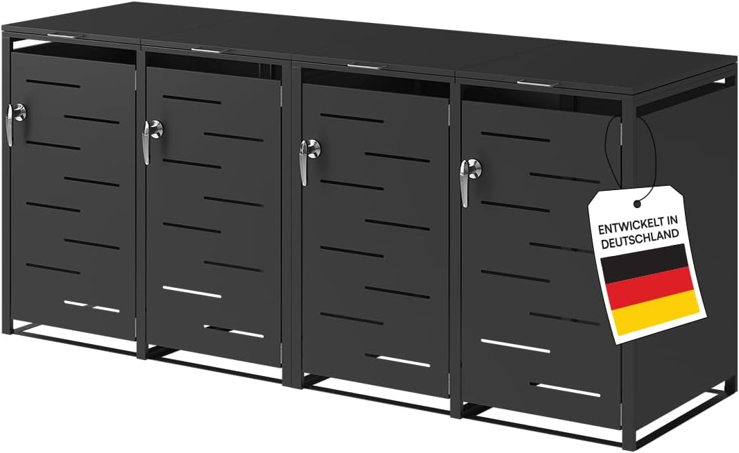 STEELSØN Diorus Mülltonnenbox 4er bis 240L abschließbar – Hochwertige Mülltonnenverkleidung für 4 Tonnen – Müllbox Stahl – Müllcontainer Schwarz - Mülltonnen Box wetterfest – Gerätebox mit Schloss