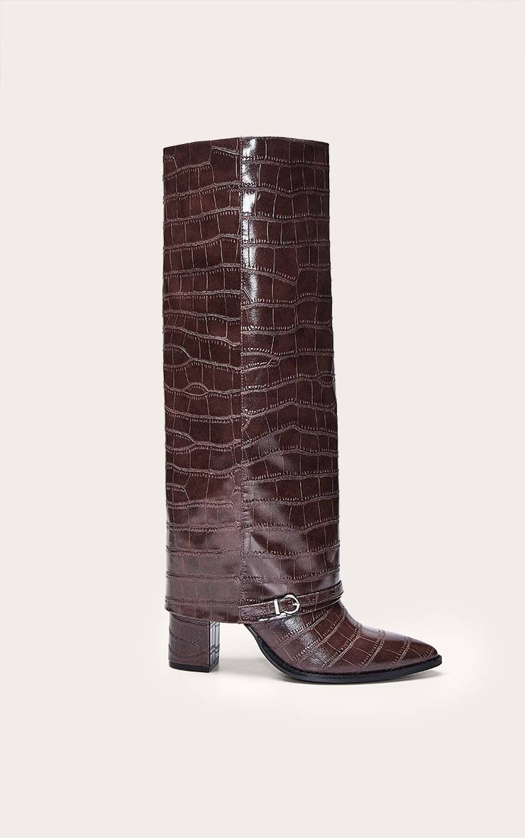 Rouge Bordeaux Botte Haute Au-dessus Du Genou À Talon Bloc Avec Revers Effet Croco Grande Échelle