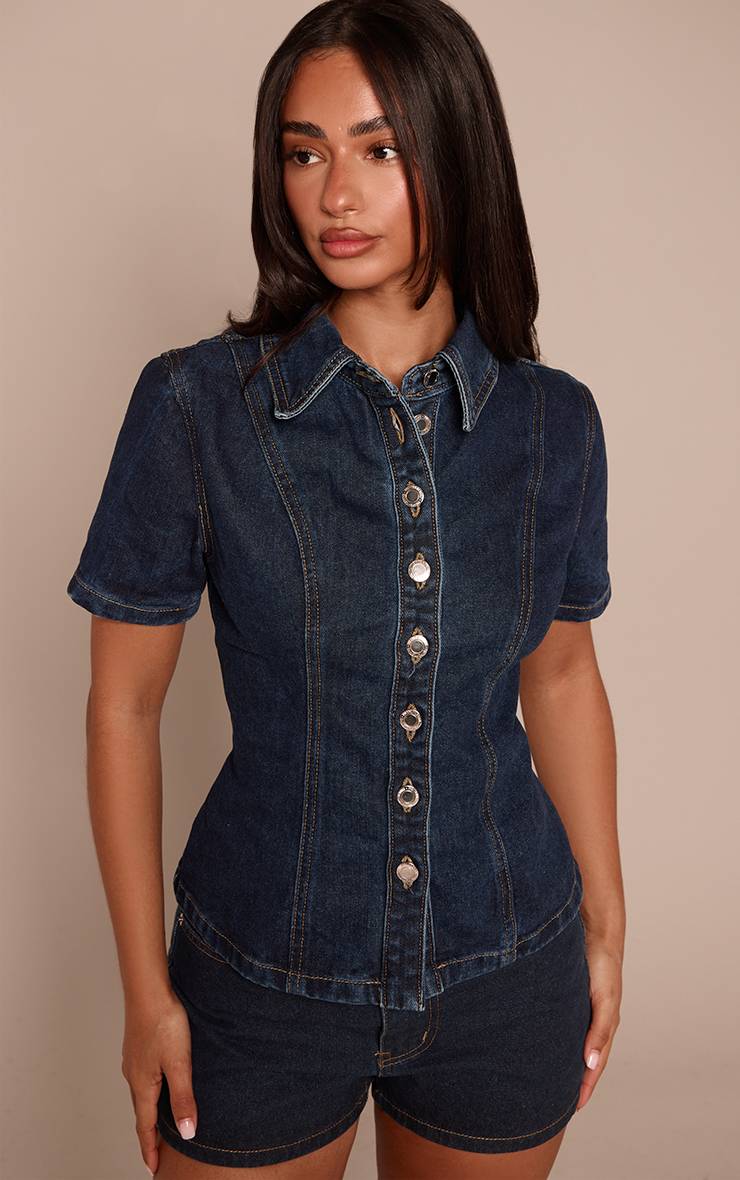 Bleu Indigo Chemise En Denim À Manches Courtes Boutonnée Petite Taille